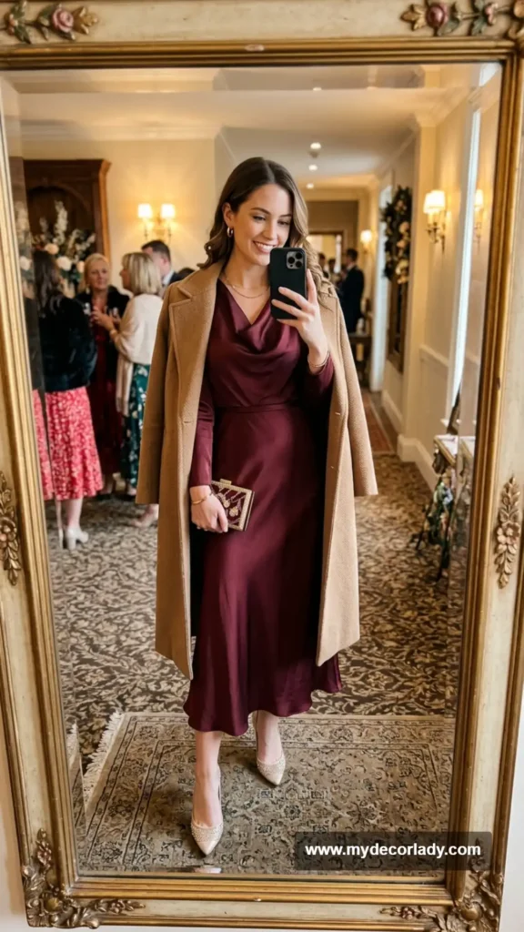 1. Burgundy Satin Midi Dress