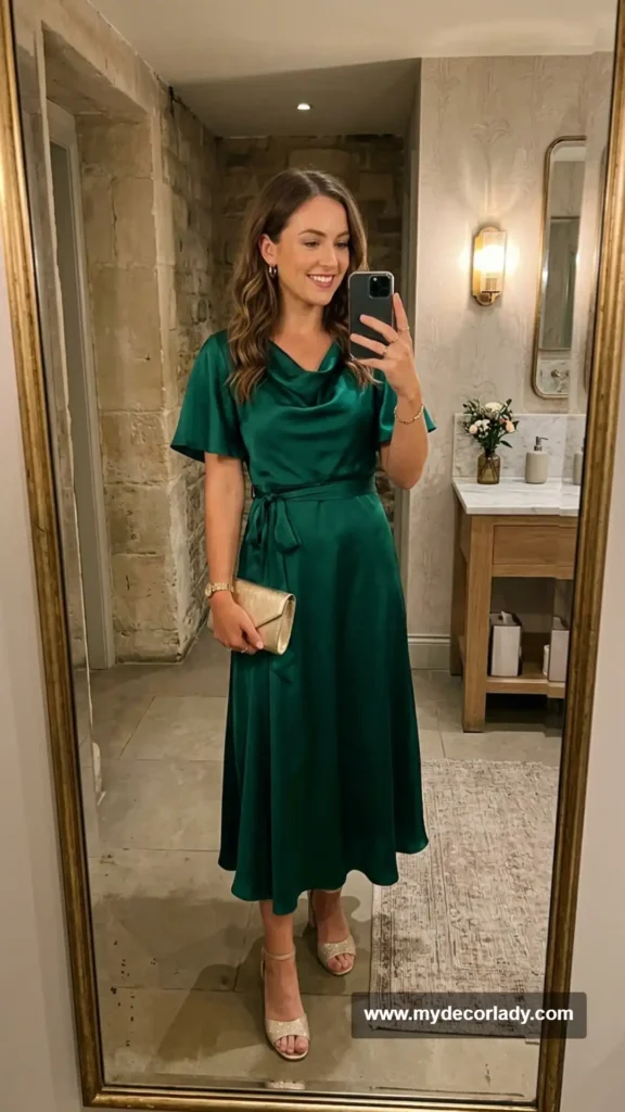 1. Emerald Green Satin Midi Dress