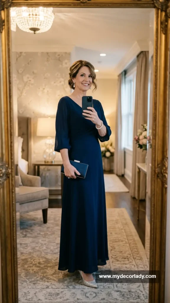 1. Navy Blue Floor-Length Gown with Draped Sleeves