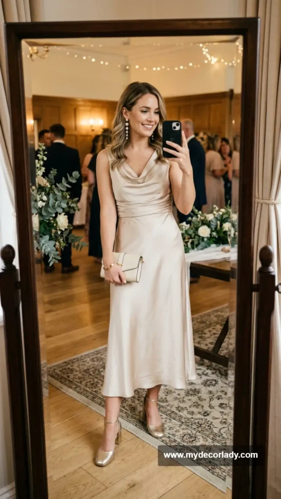 1. Satin Midi Dress + Pearl Drop Earrings + Metallic Heels