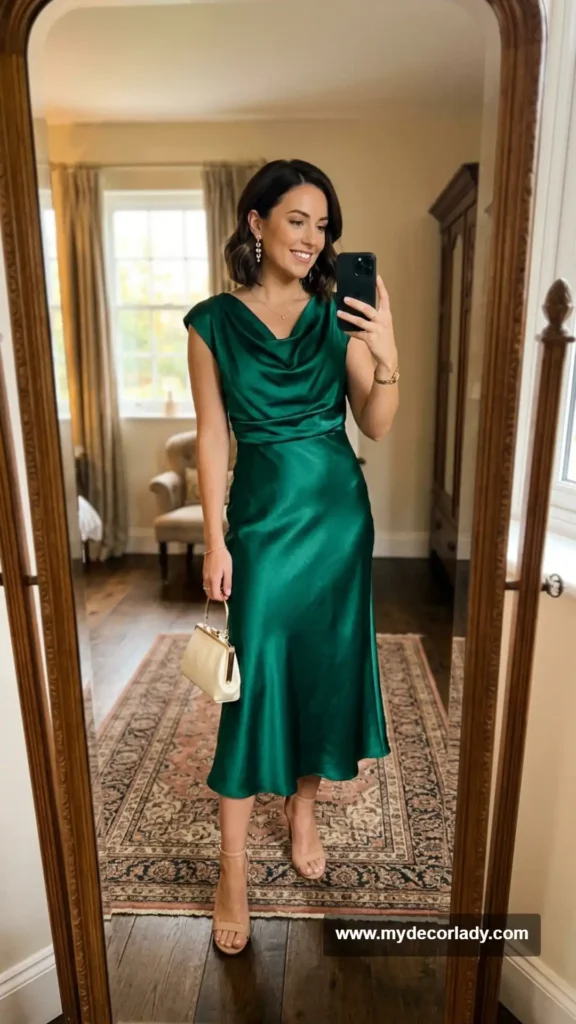 1. Satin Midi Dress With Strappy Heels