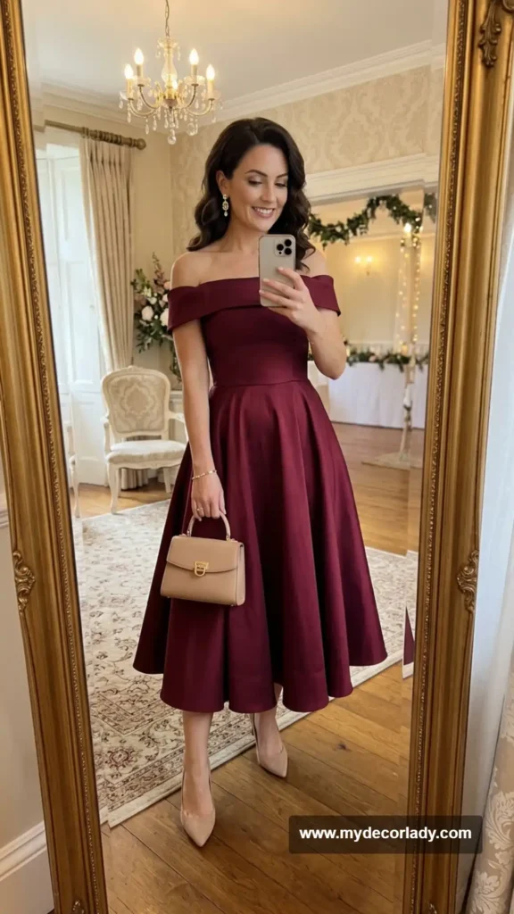 10. Bardot Dress With a Full Midi Skirt