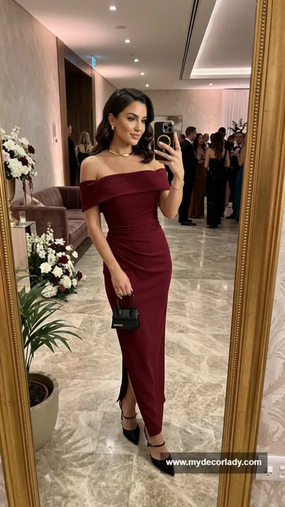 10. Off-the-Shoulder Dress + Choker Necklace + Mini Bag
