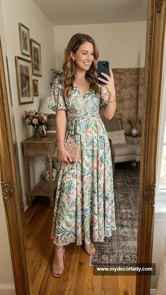 10. Printed Maxi Dress With Simple Sandals