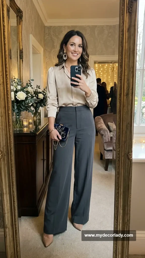10. Wide-Leg Trousers and Dressy Blouse for a Smart-Casual Wedding