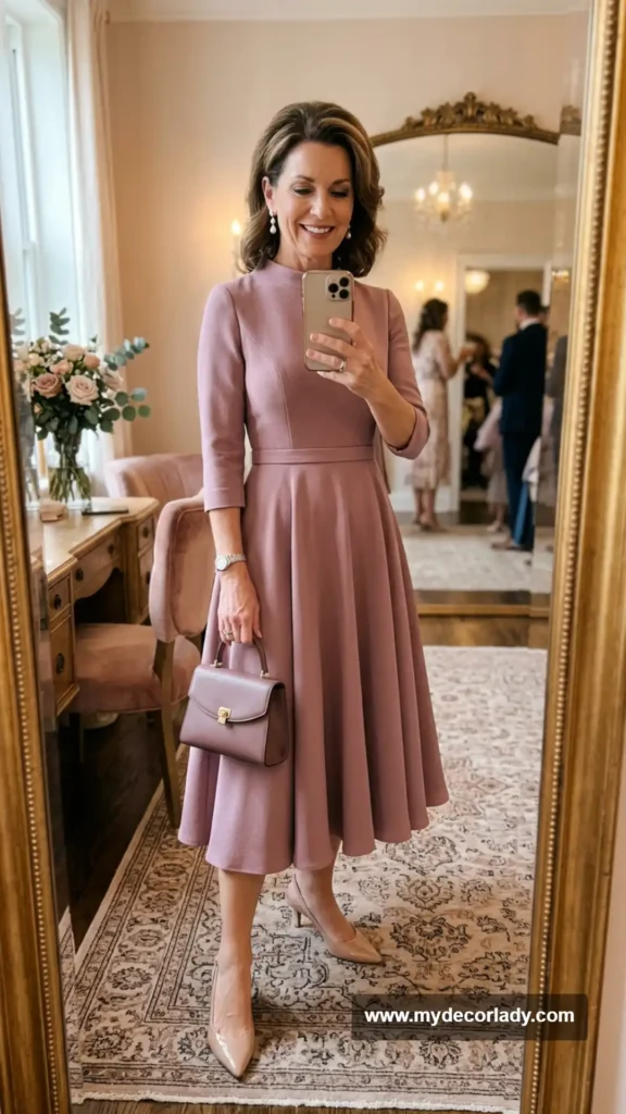 11. Mauve Tea-Length Fit-and-Flare Dress