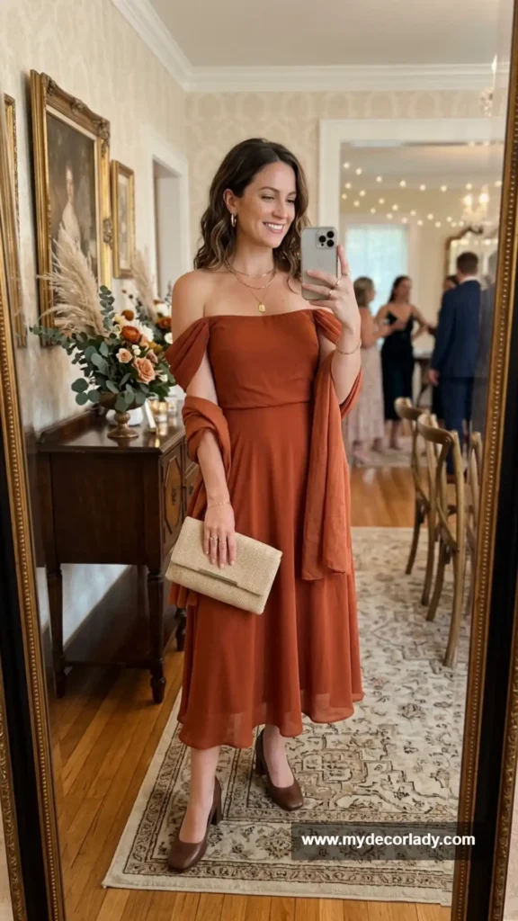 11. Rust-Colored Off-the-Shoulder Dress