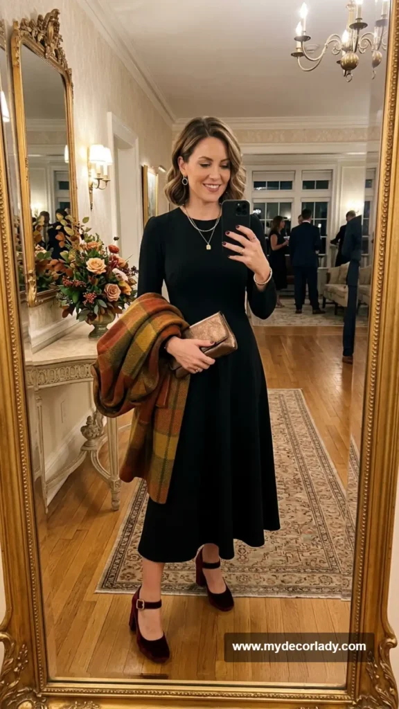12. Black Midi Dress With Autumn Accessories