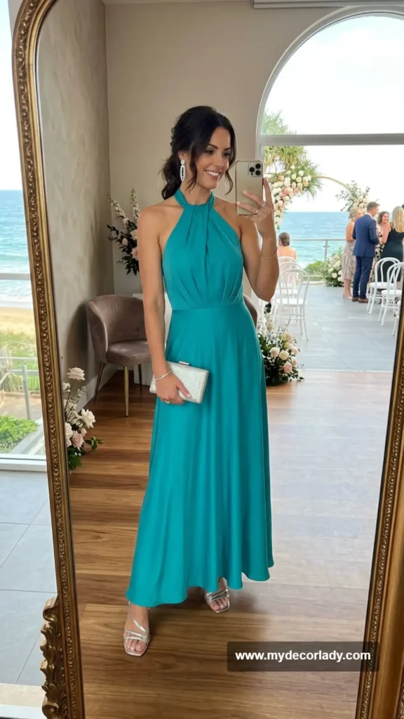12. Halter-Neck Maxi Dress for a Coastal Wedding