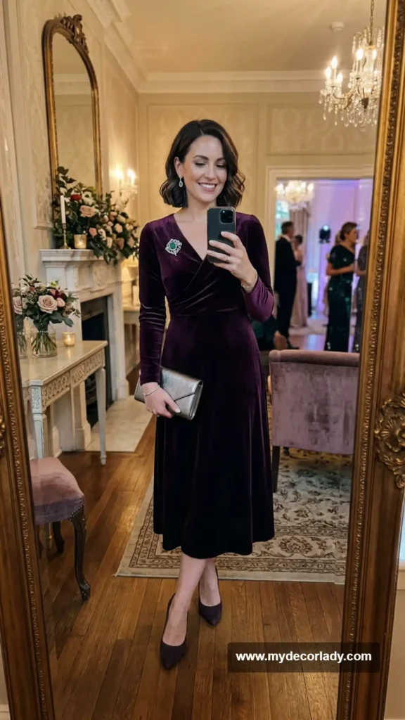 12. Velvet Midi Dress + Vintage-Inspired Brooch + Pumps