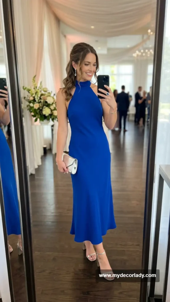 13. Halter Dress + Statement Ring + Metallic Clutch