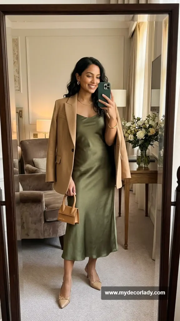 13. Olive Green Slip Dress With a Tailored Blazer