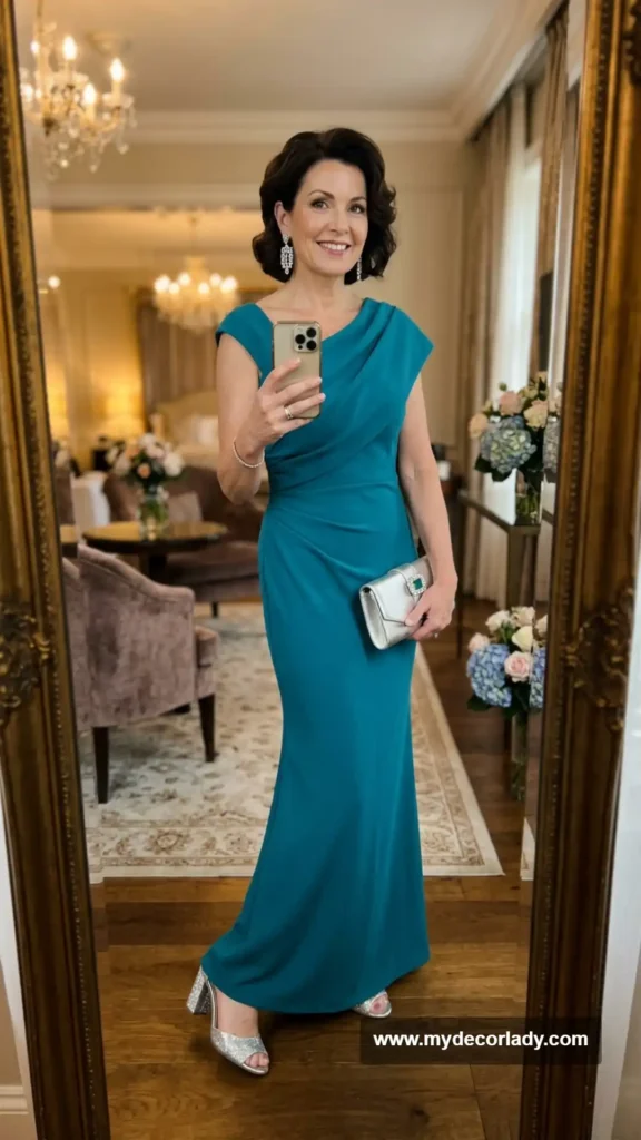 13. Teal Asymmetric Neckline Gown