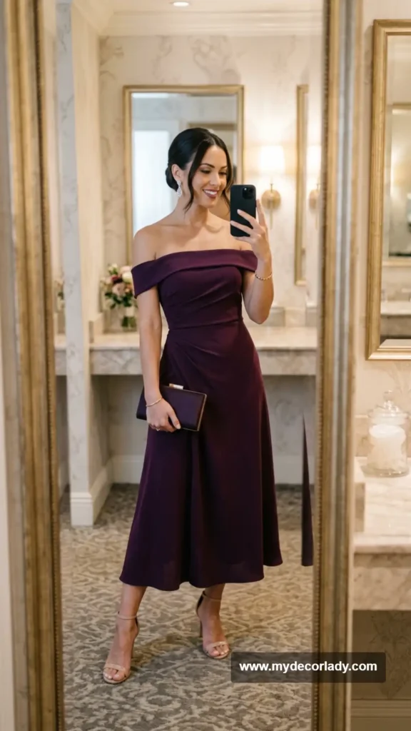 14. Off-the-Shoulder Dress With a Sleek Updo