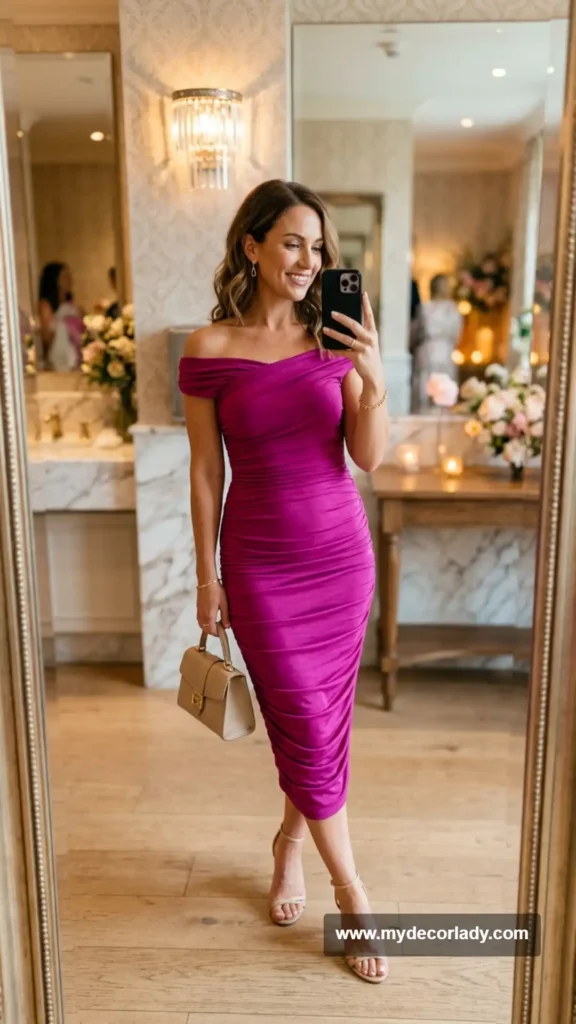 15. Magenta Ruched Midi Dress