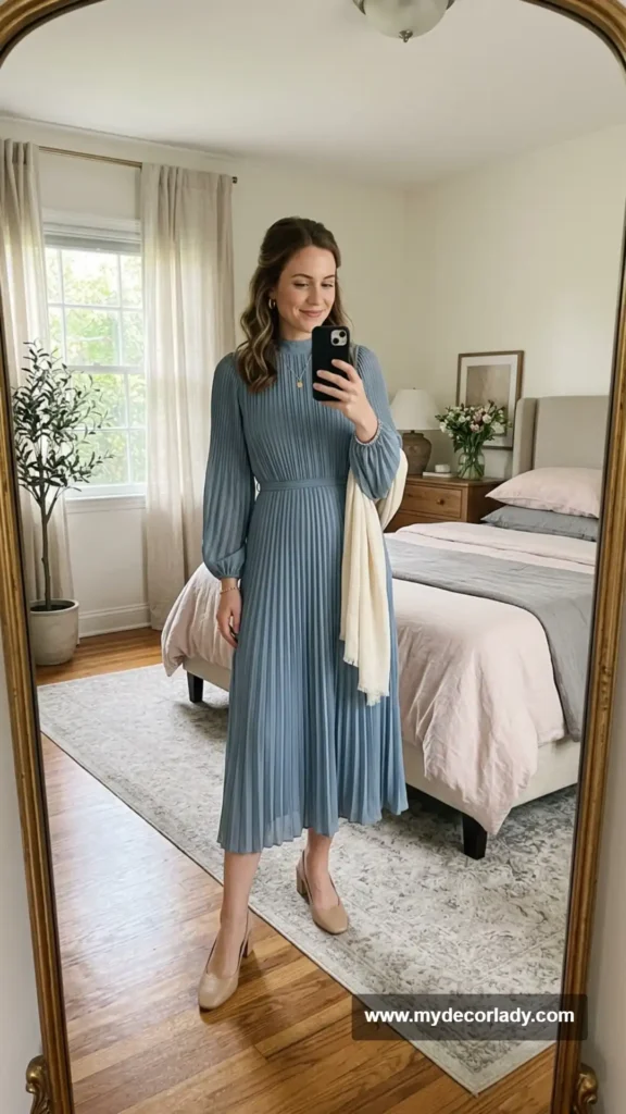 15. Pleated Midi Dress for a Church Wedding