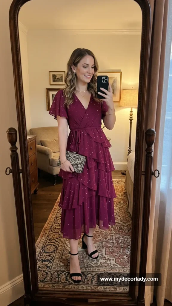 15. Ruffled Dress + Tiny Studs + Embellished Clutch