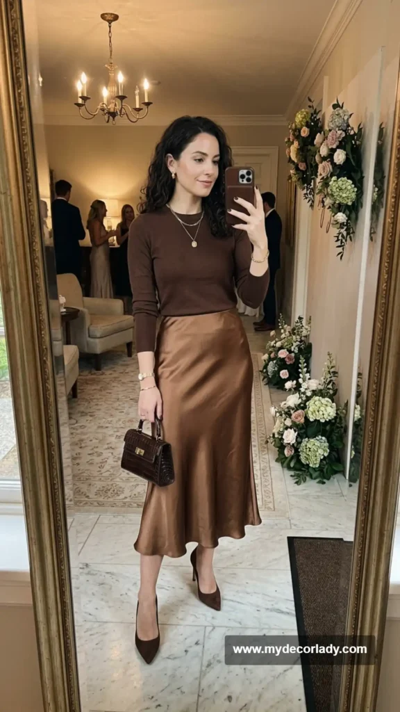 15. Satin Skirt With a Fitted Knit Top