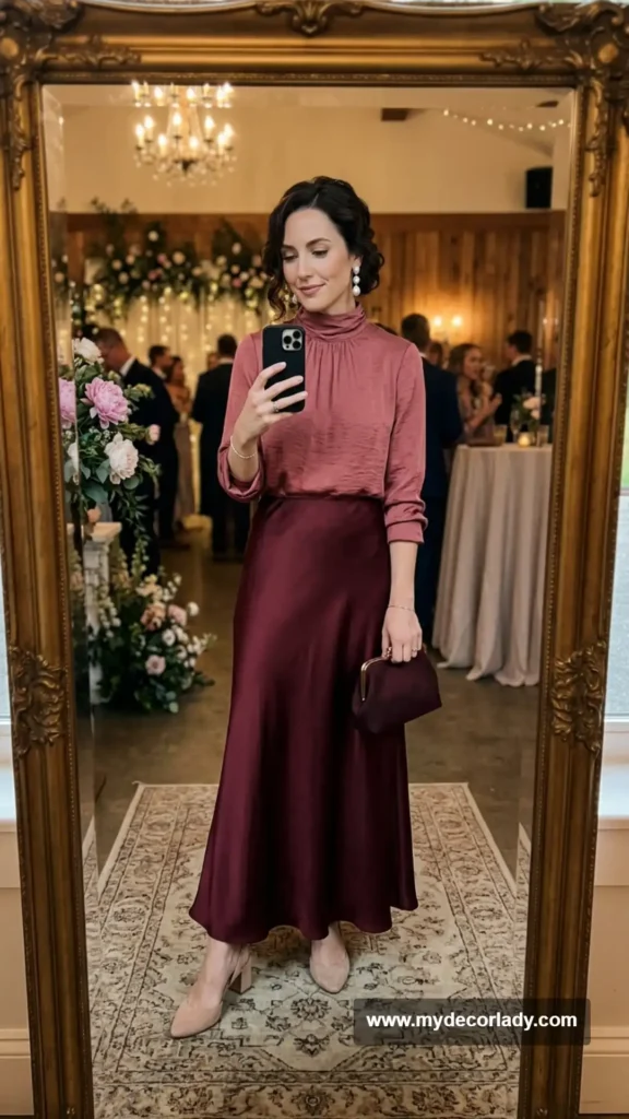 15. Satin Skirt With a High-Neck Blouse