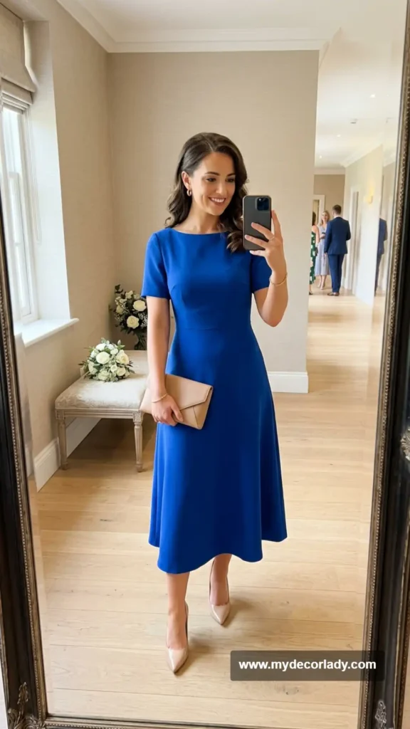 16. Bold-Colored Midi Dress With Nude Heels