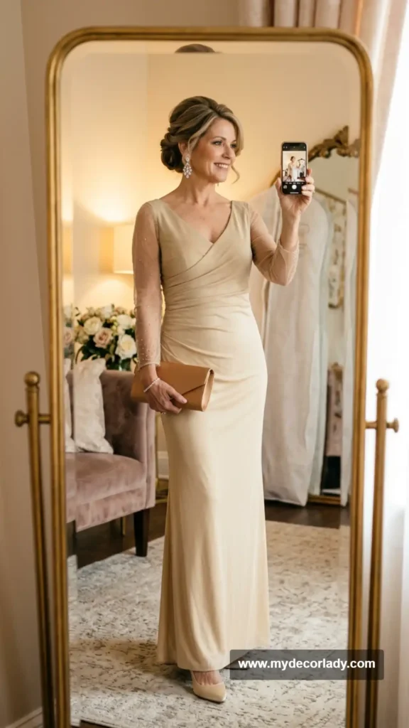 16. Soft Gold Column Gown with Sheer Sleeves