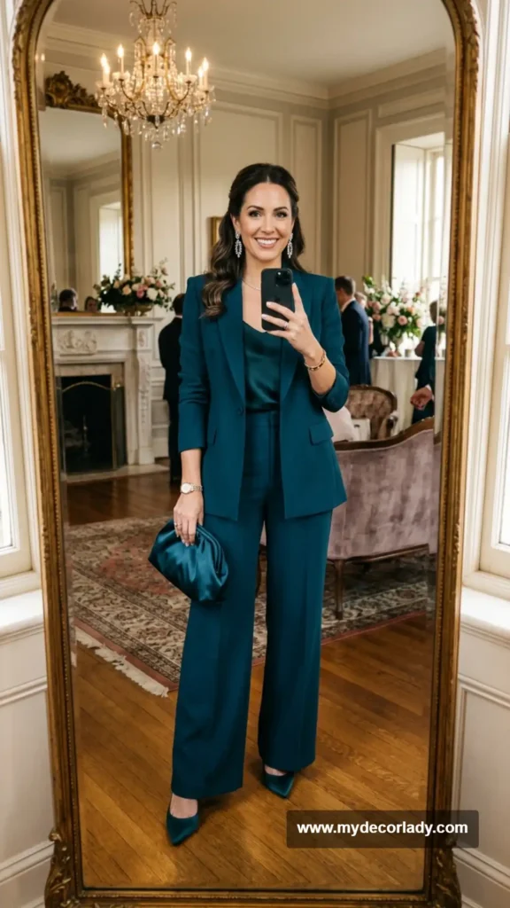 16. Tailored Suit + Crystal Earrings + Satin Clutch