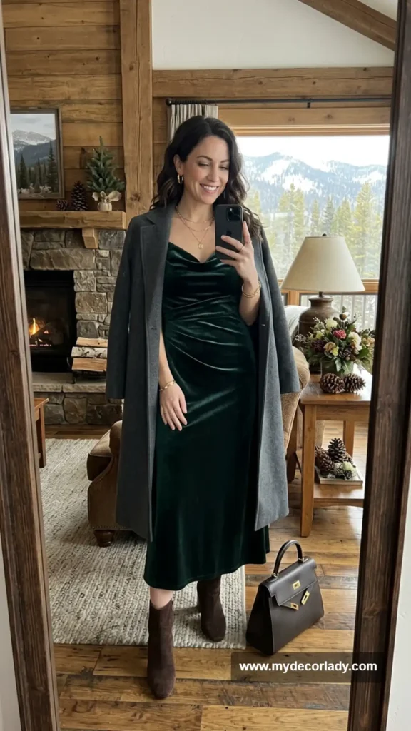 16. Velvet Midi Dress for a Mountain Destination Wedding