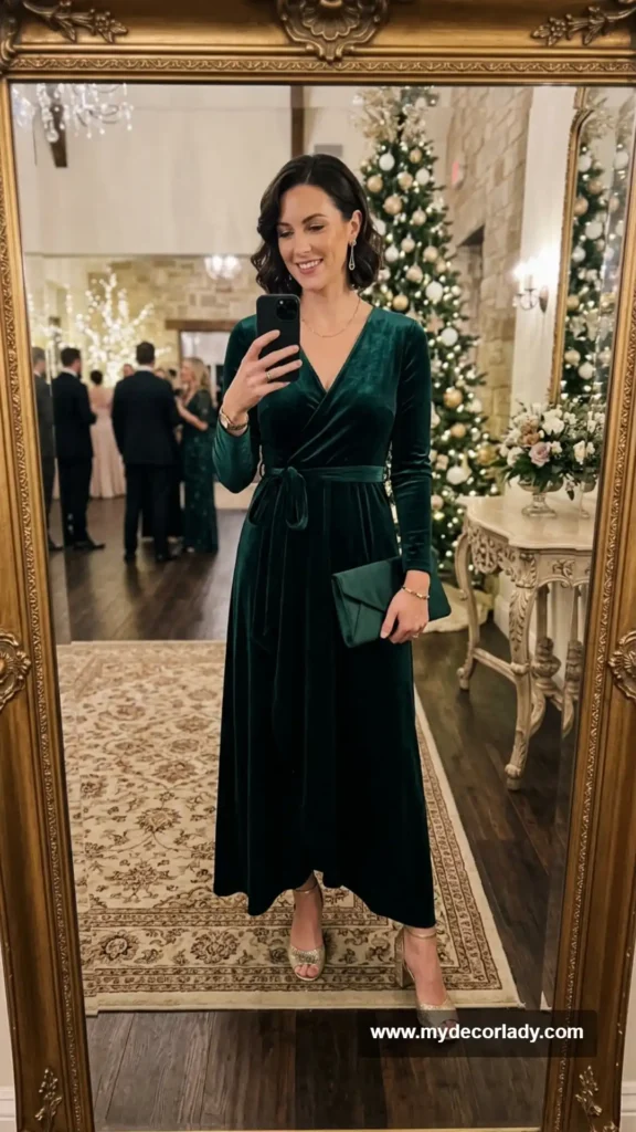 16. Velvet Wrap Dress for a Winter Wedding