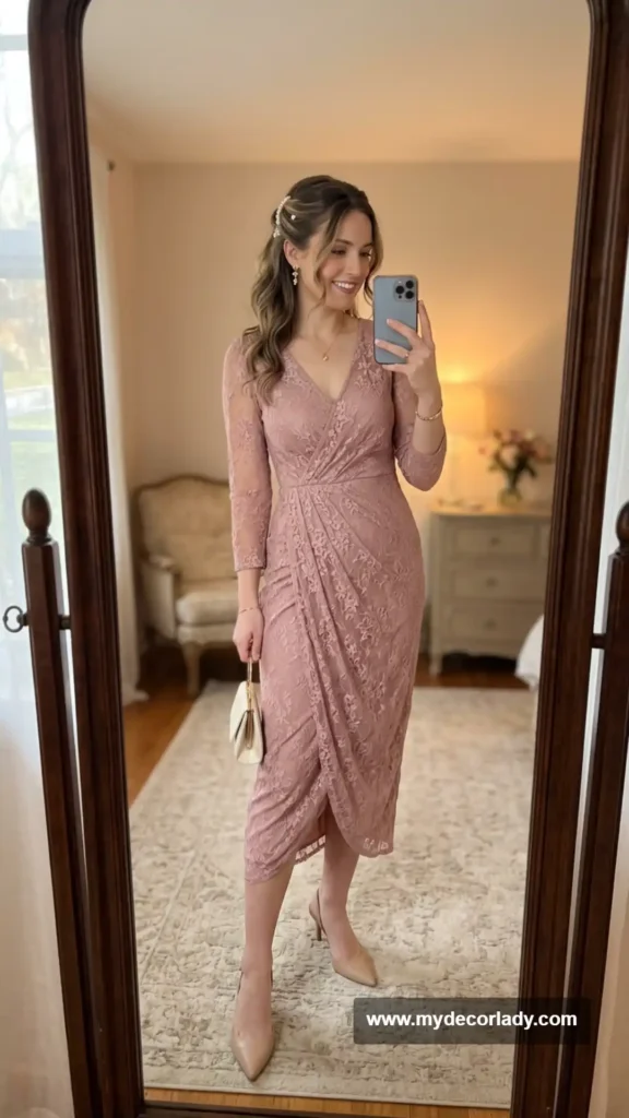 17. Romantic Lace Dress + Pearl Hair Accessories + Slingback Heels