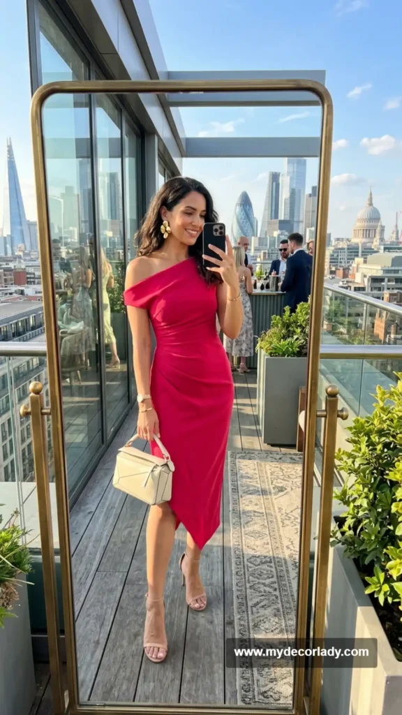 18. Asymmetrical Midi Dress for a Rooftop Wedding