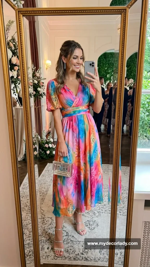 18. Colorful Midi Dress + Transparent Accessories + Silver Jewelry
