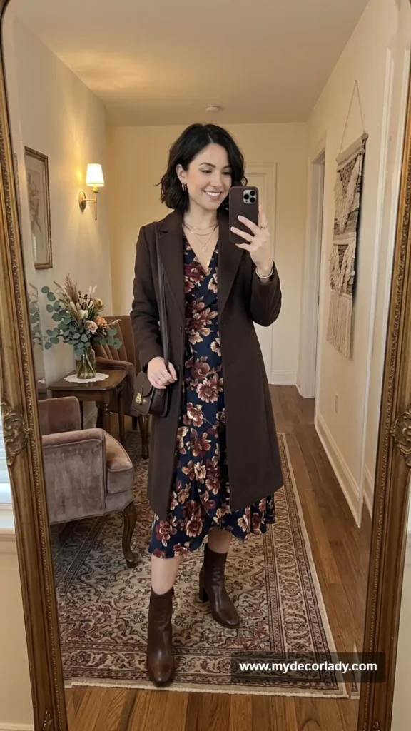 18. Dark Floral Wrap Midi Dress With Boots