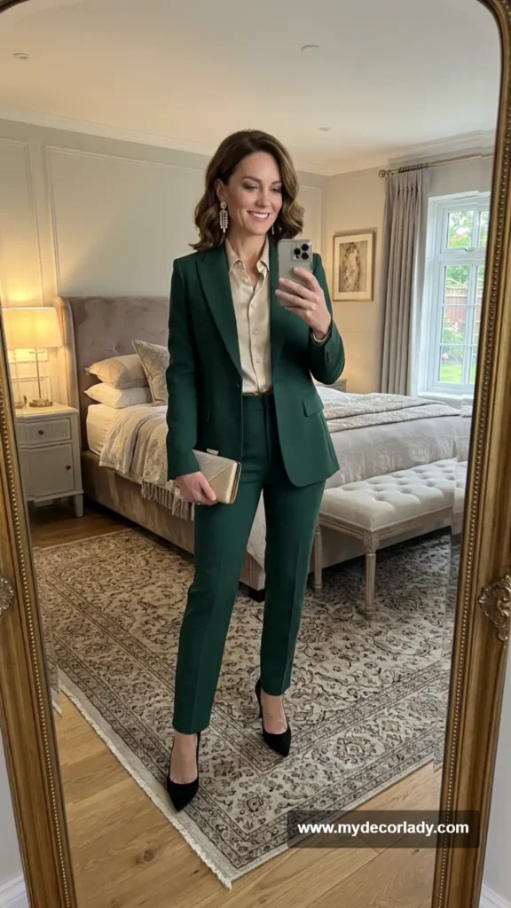 18. Forest Green Trouser Suit with Satin Blouse