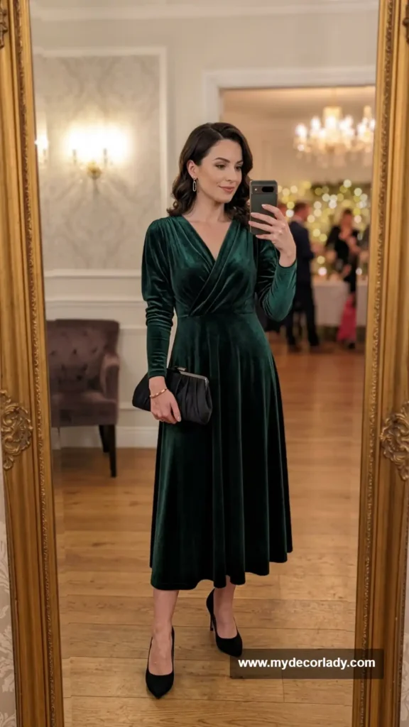 18. Velvet Dress With Classic Pumps