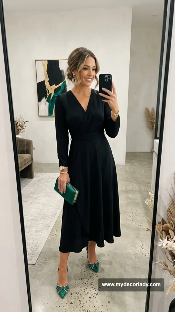 19. Black Wrap Midi Dress With Statement Heels