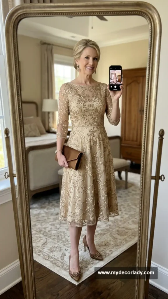 2. Champagne Embroidered Midi Dress