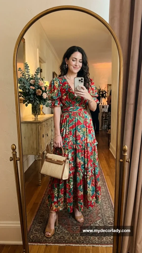 2. Floral Maxi Dress + Woven Clutch + Gold Hoops