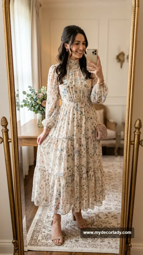 2. High-Neck Floral Chiffon Dress