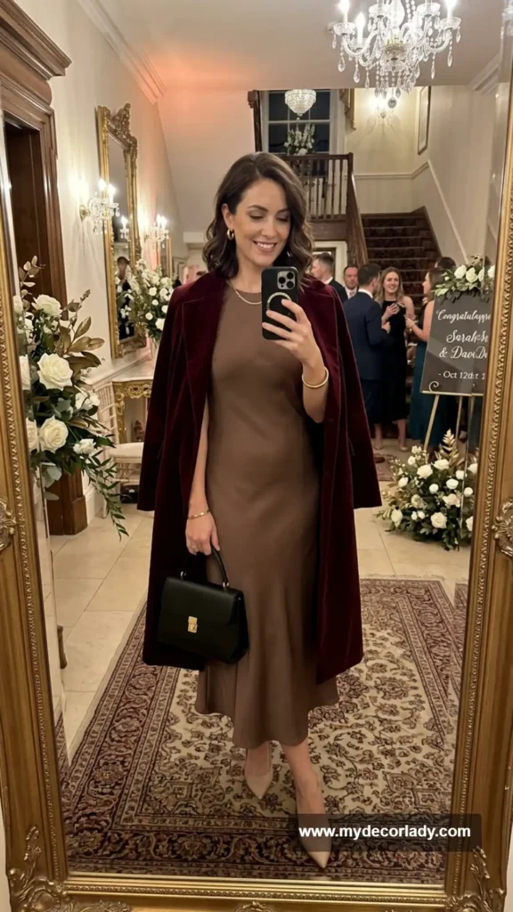 20. Mocha Midi Dress With a Statement Coat