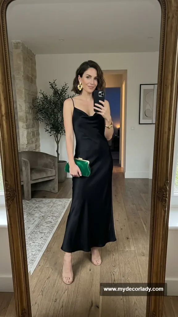 3. Black Slip Dress + Statement Earrings + Colorful Clutch