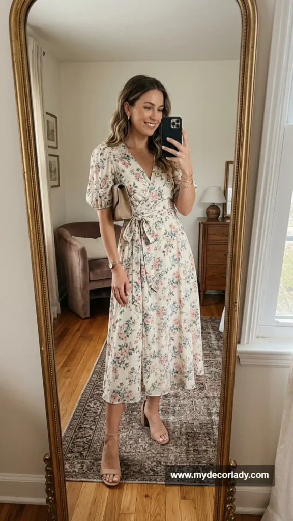 3. Floral Wrap Dress With Neutral Accessories