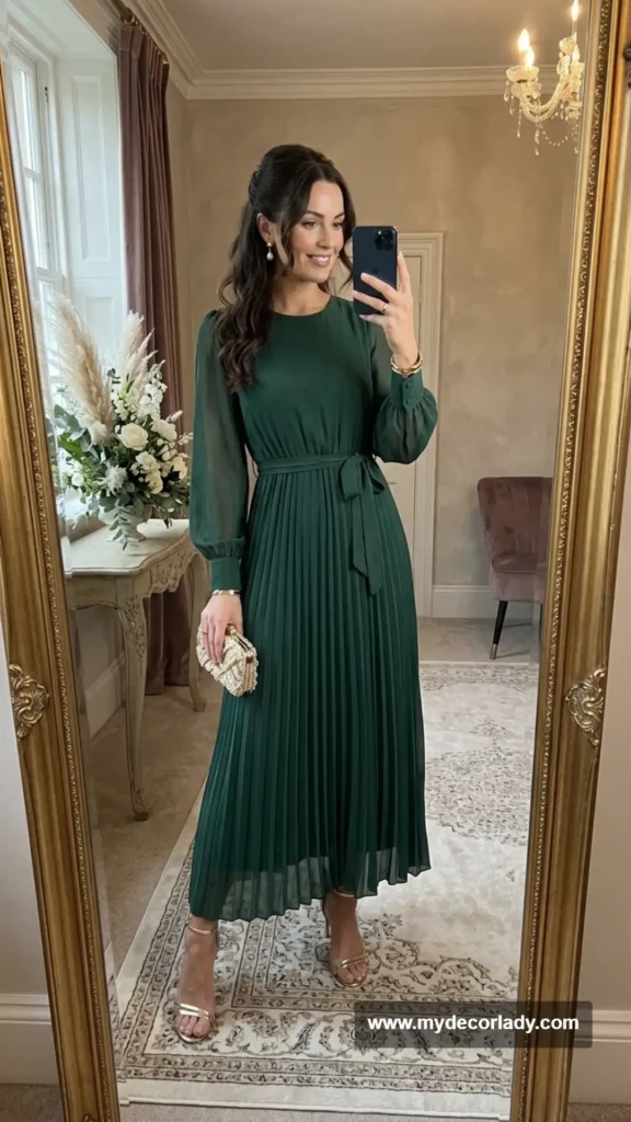 3. Pleated Maxi Dress With Bishop Sleeves