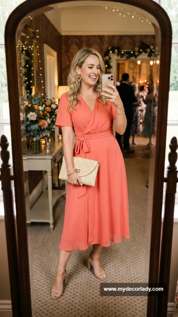 4. Coral Wrap Midi Dress