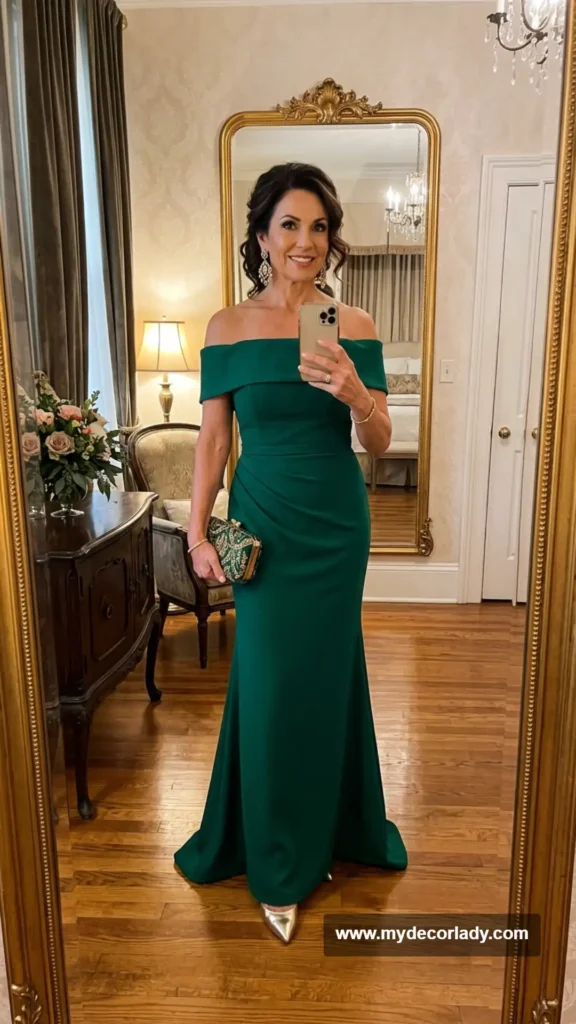 4. Emerald Green Off-the-Shoulder Gown
