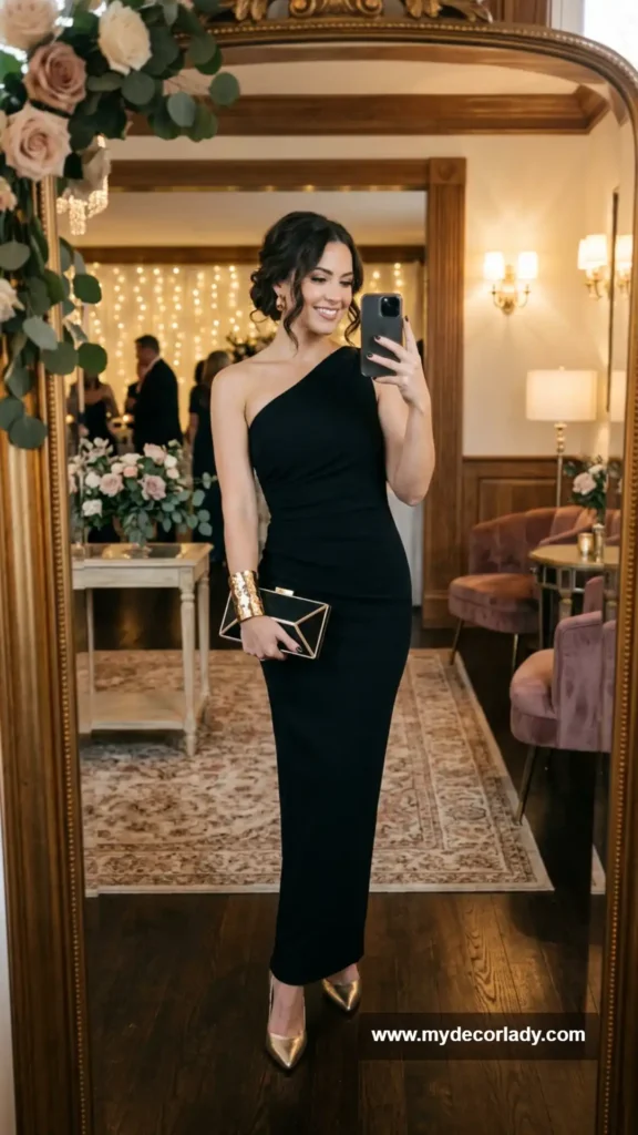 4. One-Shoulder Black Column Gown