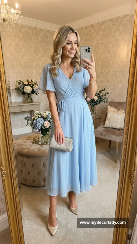 4. Pastel Dress + Crystal Clutch + Delicate Bracelet