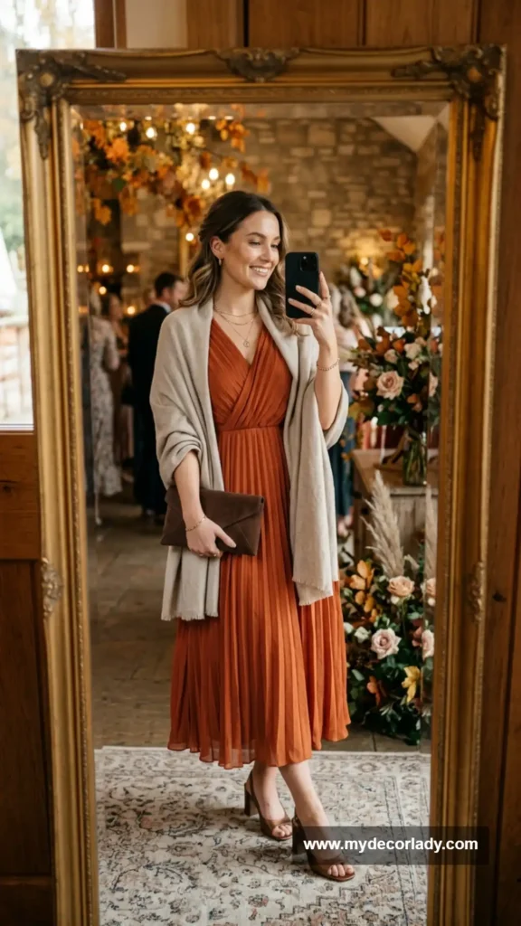 5. Burnt Orange Pleated Midi Dress