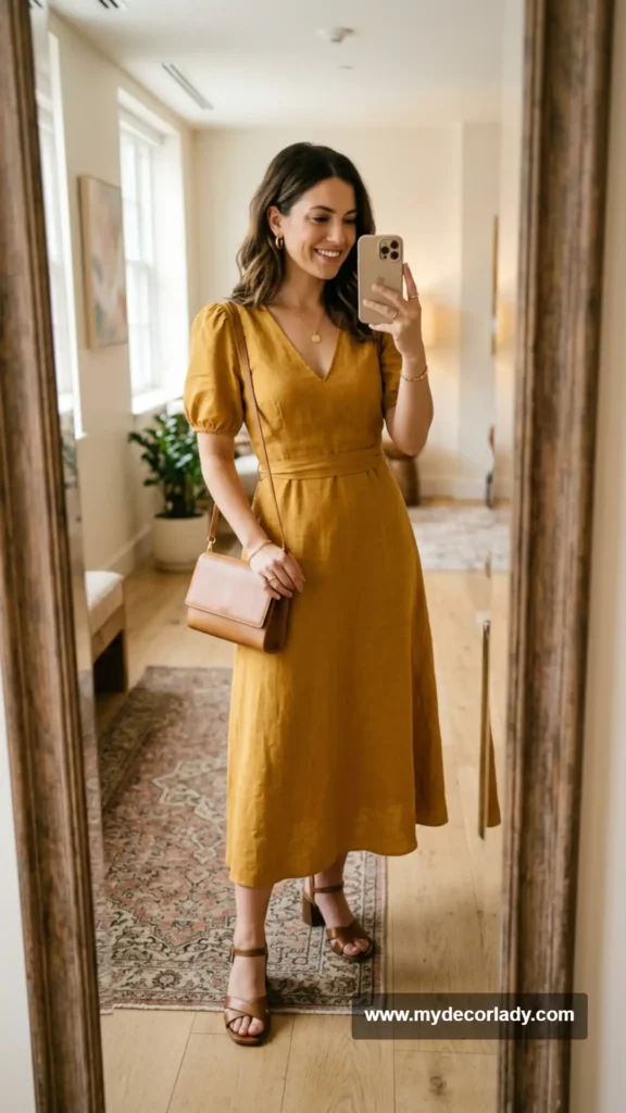 5. Mustard Yellow Puff-Sleeve Midi Dress
