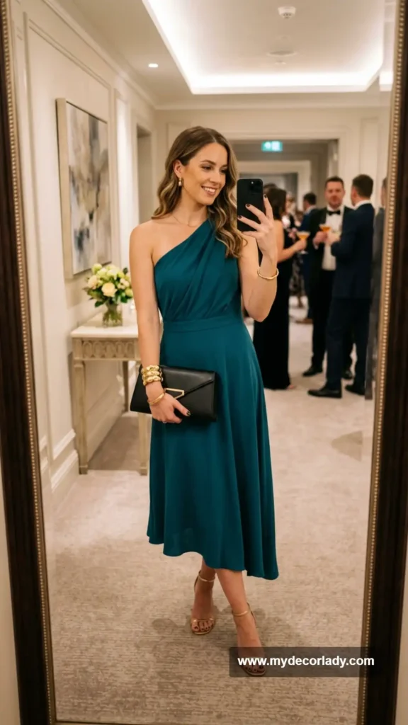 5. One-Shoulder Dress + Cuff Bracelet + Sleek Clutch