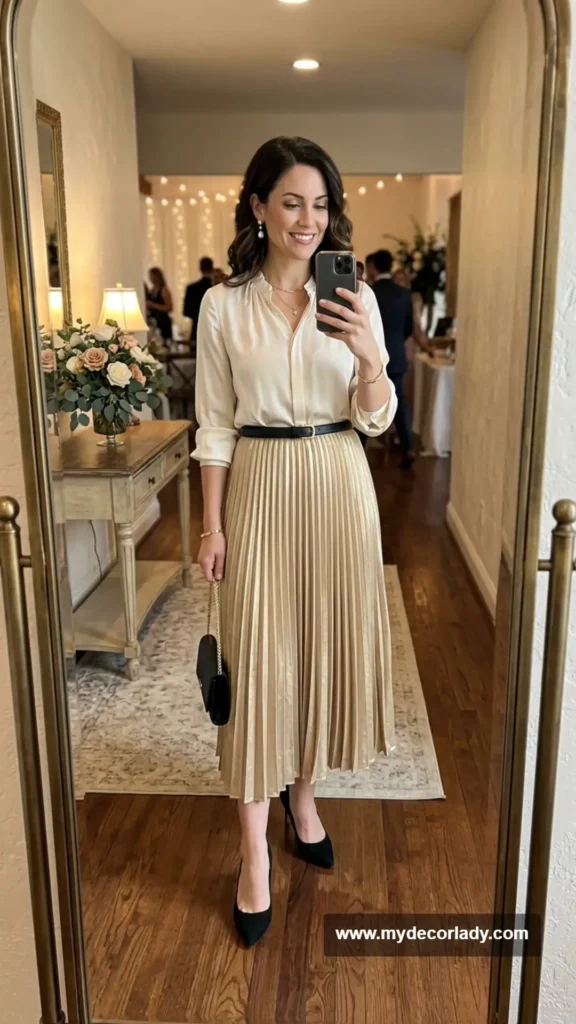 5. Pleated Midi Skirt With a Silky Blouse